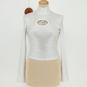 GSUWOO‎ Silver Sparkle Mock Neck Cutout Long Sleeve Crop Top Women Size Medium